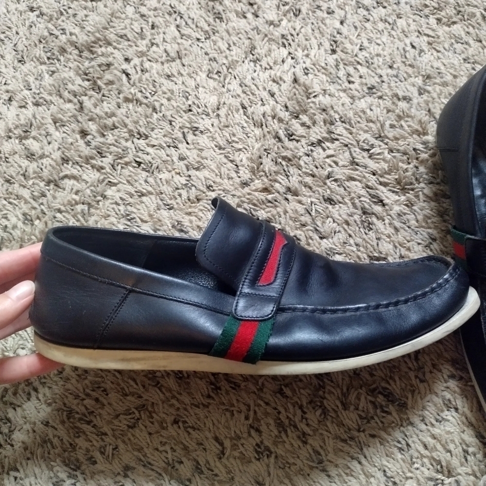 GUCCI  FLAG Black Leather Boat Deck Loafers sz 9 - Picture 4 of 11